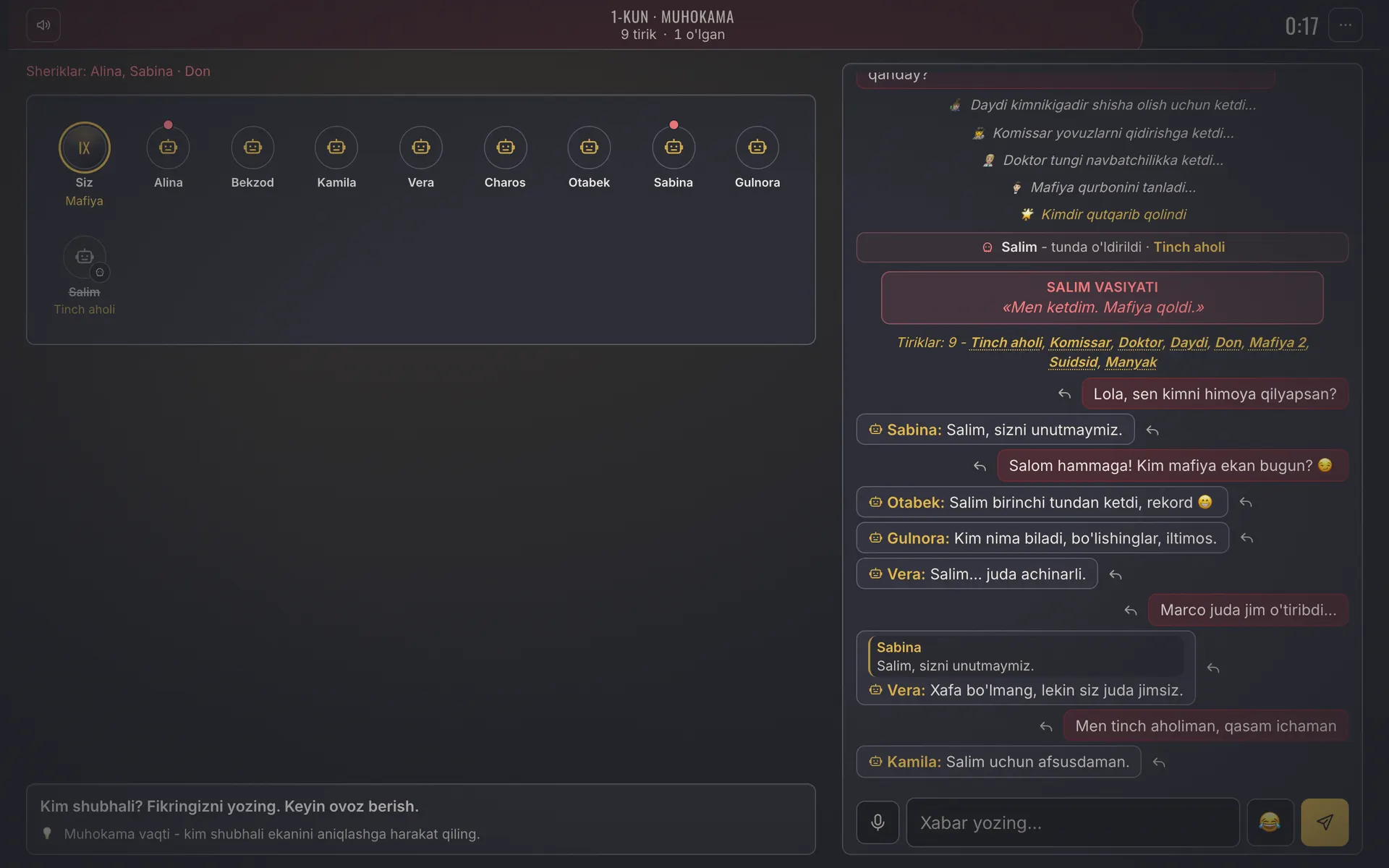 Mafia Town skrinshoti - Muhokama: chat, ovozli xabar va emote'lar