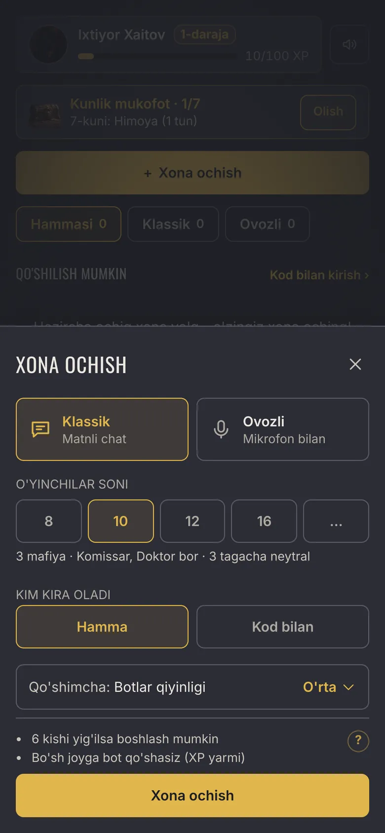Mafia Town skrinshoti - Xona ochish: rejim, o'yinchilar soni, kirish va botlar