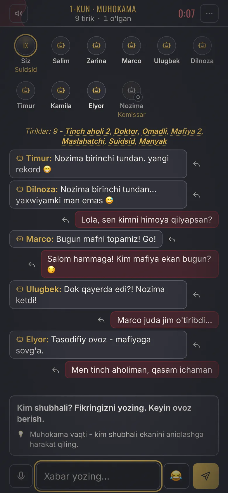 Mafia Town skrinshoti - Muhokama: chat, ovozli xabar va emote'lar