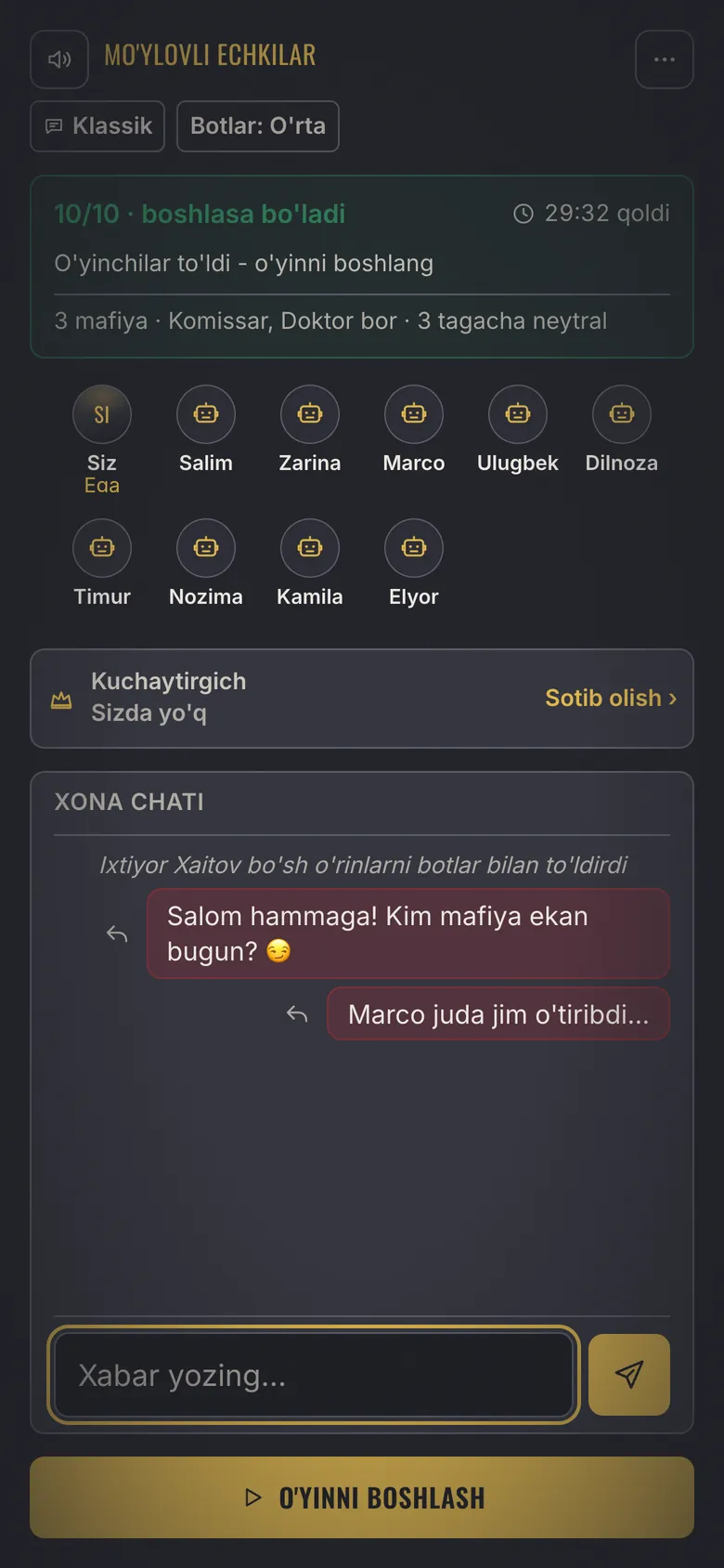 Mafia Town skrinshoti - Lobby: xona, botlar va xona chati