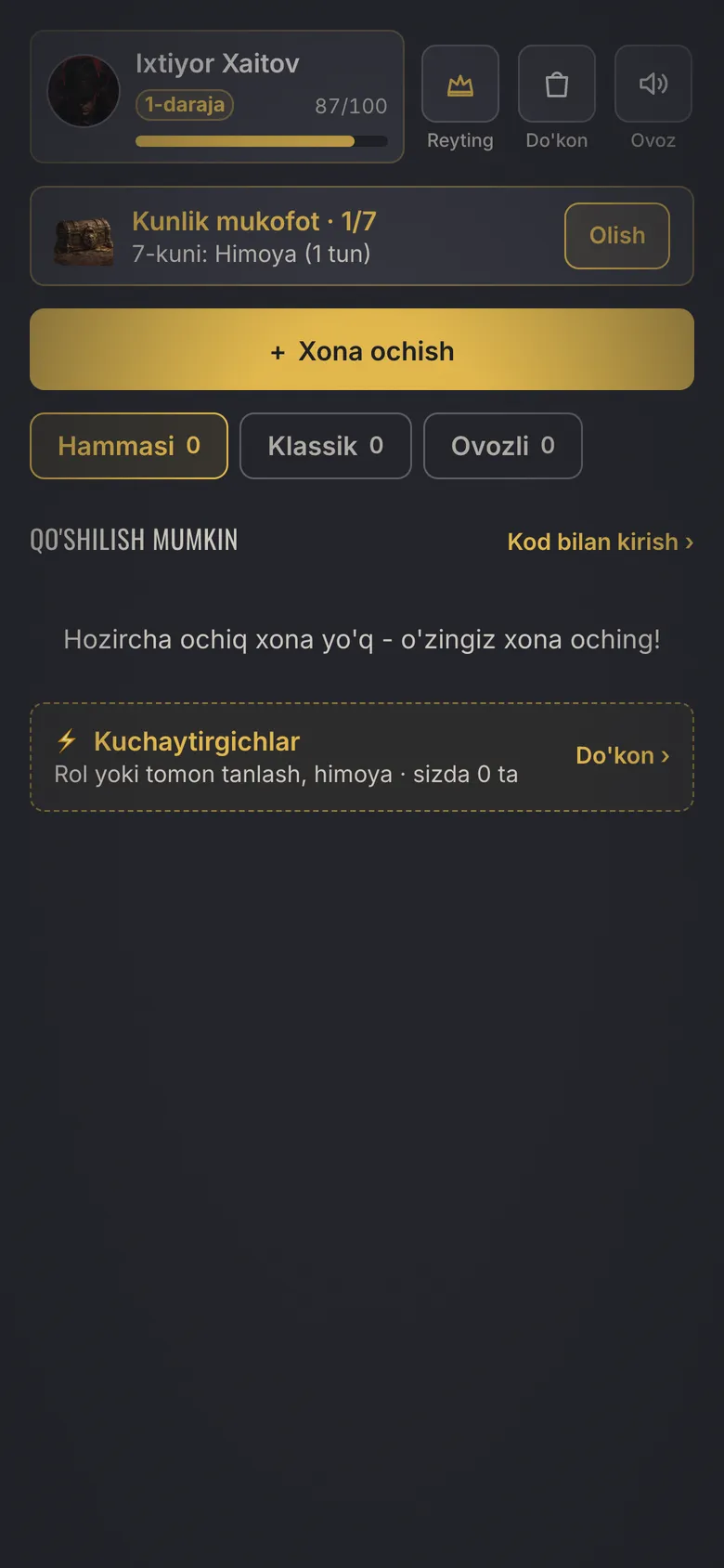 Mafia Town skrinshoti - Bosh sahifa: xona ochish, kod bilan kirish, kunlik mukofot