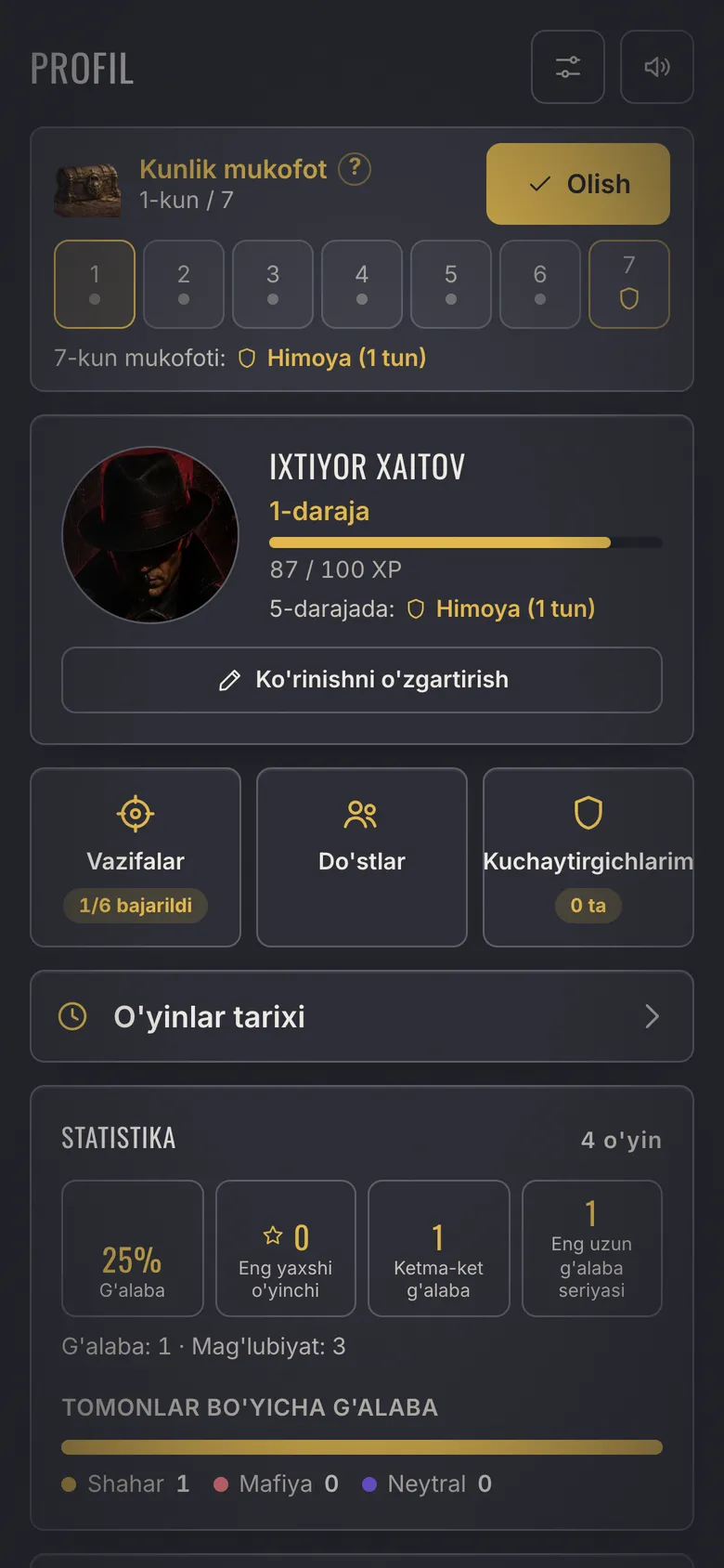 Mafia Town skrinshoti - Profil: daraja, statistika va vazifalar