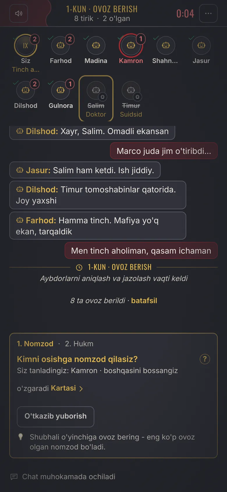 Mafia Town skrinshoti - Ovoz berish: shubhalini nomzod qilish
